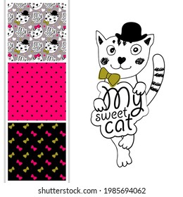 Set of vector seamless patterns and  illustration of smartly funny cat. Print on T-shirts, bags and other fashion products. Design children's clothing and accessories. 
