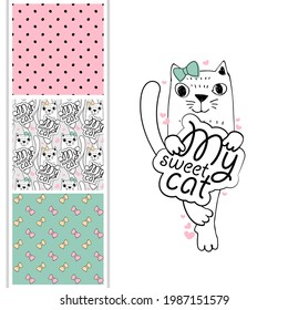 Set of vector seamless patterns and  illustration of smartly funny cat. Print on T-shirts, bags and other fashion products. Design children's clothing and accessories. 
