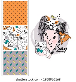 Set of vector seamless patterns and  illustration of funny girl with cat. Print on T-shirts, bags and other fashion products. Design for clothing and accessories. 
