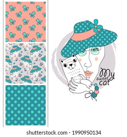Set of vector seamless patterns and  illustration of funny girl with cat. Print on T-shirts, bags and other fashion products. Design for clothing and accessories. 