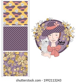 Set of vector seamless patterns and  illustration of girl with cat. Print on T-shirts, bags and other fashion products. Design children's clothing and accessories. 
