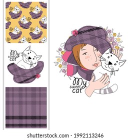 Set of vector seamless patterns and  illustration of girl with cat. Print on T-shirts, bags and other fashion products. Design children's clothing and accessories. 