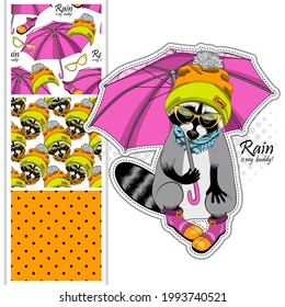 Set of vector seamless patterns and  illustration of raccoon with umbrella, hat and orange scarf. Hand drawn illustration of dressed coon.