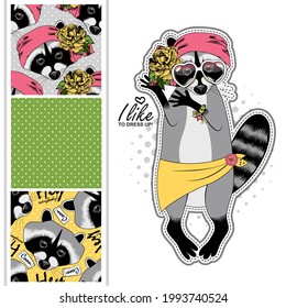 Set of vector seamless patterns and  illustration of pretty raccoon with hat. Hand drawn illustration of dressed raccoon.