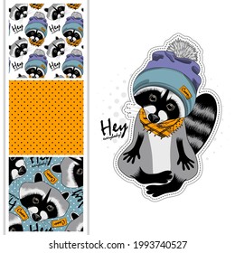 Set of vector seamless patterns and  illustration of pretty raccoon with hat. Hand drawn illustration of dressed raccoon.