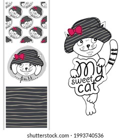 Set of vector seamless patterns and  illustration of smartly funny cat with hat. Print on T-shirts, bags and other fashion products. Design children's clothing and accessories. 
