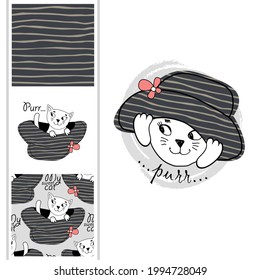 Set of vector seamless patterns and  illustration of smartly funny cat with hat. Print on T-shirts, bags and other fashion products. Design children's clothing and accessories. 