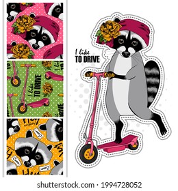 Set of vector seamless patterns and  illustration of raccoon with a  kick scooter. Hand drawn illustration of dressed coon  with hat and scarf.