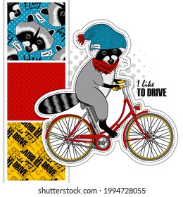 Set of vector seamless patterns and  illustration of raccoon with a  bike. Raccoon cyclist rides a bicycle. Hand drawn illustration of dressed coon  with  knitted hat and scarf.