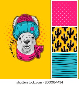 Set of vector seamless patterns and  illustration of smartly dressed llama with hat. Print on T-shirts, bags and other fashion products. Design children's clothing and accessories. 