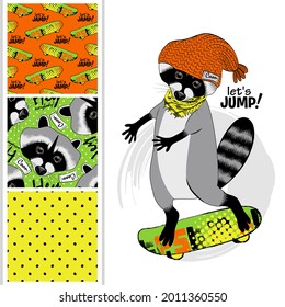 Set of vector seamless patterns and  illustration of raccoon with a skateboard. Raccoon skater riding a skateboard. Hand drawn illustration of dressed coon  with red hat and knitted scarf.