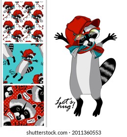 Set of vector seamless patterns and  illustration of raccoon. Vector raccoon with hat and knitted scarf. Hand drawn illustration of dressed raccoon.