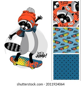 Set of vector seamless patterns and  illustration of raccoon with a skateboard. Raccoon skater riding a skateboard. Hand drawn illustration of dressed coon  with red hat and knitted scarf.