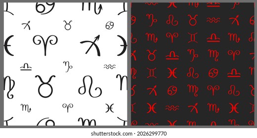 A set of vector seamless patterns. Image of 12 zodiac signs on white and black isolated background. 