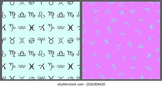 A set of vector seamless patterns. Image of 12 zodiac signs on blue and pink isolated background. 