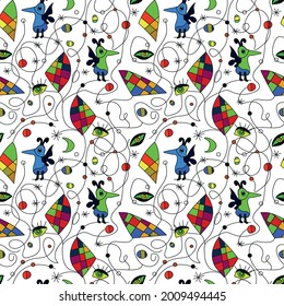 Set of vector seamless patterns inspired by Juan Miro. Hand drawn vector illustration with funny characters cats, mouse, birds. For the design of textiles, paper, notebooks, print packaging paper.