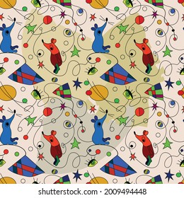 Set of vector seamless patterns inspired by Juan Miro. Hand drawn vector illustration with funny characters cats, mouse, birds. For the design of textiles, paper, notebooks, print packaging paper.