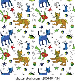 Set of vector seamless patterns inspired by Juan Miro. Hand drawn vector illustration with funny characters cats, mouse, birds. For the design of textiles, paper, notebooks, print packaging paper.