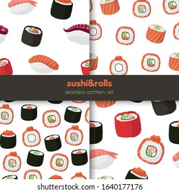 set of vector seamless patterns with Japanese food: sushi and rolls. vector hand drawn illustration. use for fabric, packaging paper, menu and restaurant decoration
