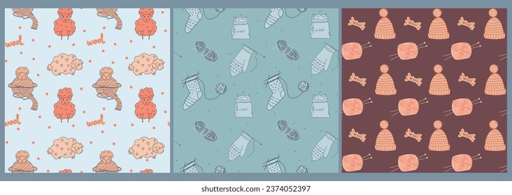 Set of vector seamless patterns. knitting concept. doodle style. simple pattern. depicting sheep, wool, warm clothes, knitting