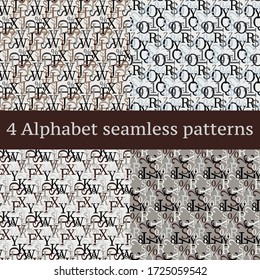 Set of vector seamless patterns. Latin alphabet, numbers, math symbols.