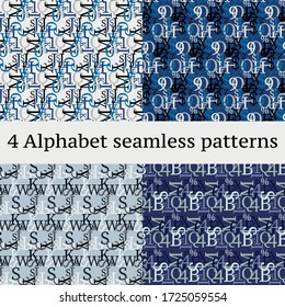 Set of vector seamless patterns. Latin alphabet, numbers, math symbols.