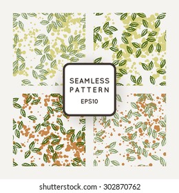 Set of vector seamless patterns with leaves flying in the wind and chaotic points