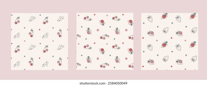 Set of vector seamless patterns with line art berries. Summer fruits wallpaper. Texture for textile or wrapping paper with ripe strawberries and cherry outline.