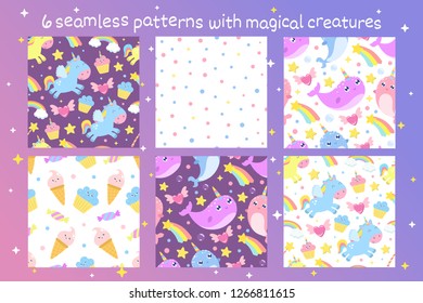 Set of vector seamless patterns with magical creatures