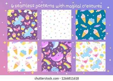 Set of vector seamless patterns with magical creatures