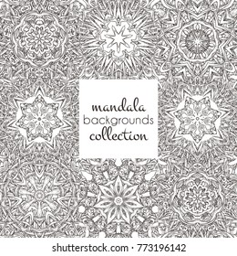 Set of vector seamless patterns in mandala style. Collection of endless ornate ornaments for coloring books