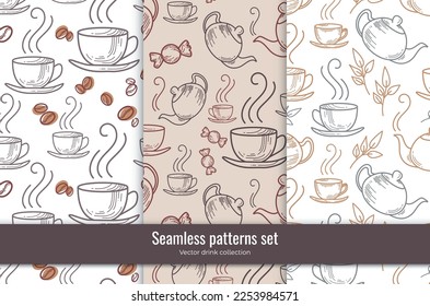 Set of vector seamless patterns of many drinkware icons, coffee beans, large leaf black tea sprigs and sweets. Linear signs. Decorative art elements for advertising layout design. Trendy food print.