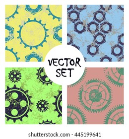 Set of vector seamless patterns with mechanism of watch. Creative geometric colorful grunge backgrounds with gear wheel. Texture with cracks, ambrosia, scratches, attrition. Graphic illustration.  
