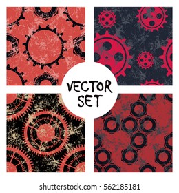 Set of vector seamless patterns with mechanism of watch. Creative geometric black, red grunge backgrounds with gear wheel. Texture with cracks, ambrosia, scratches, attrition. Graphic illustration