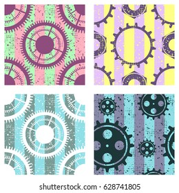 Set of vector seamless patterns with mechanism of watch, metal parts, screw nuts. Creative geometric grunge backgrounds with gear wheel. Texture with cracks, ambrosia, scratches, attrition