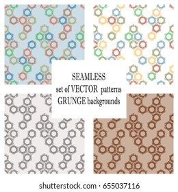 Set of vector seamless patterns with mechanism of screw nuts. Creative geometric grunge backgrounds. Texture with cracks, ambrosia, scratches, attrition. Graphic illustration.