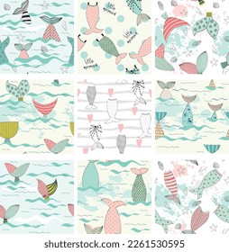 Set of vector seamless patterns with a mermaid tails for fabric, wrapping paper, etc.