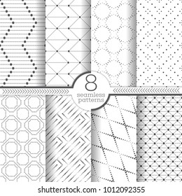 Set of vector seamless patterns. Modern stylish geometric textures with small dots. Infinitely repeating geometrical ornaments with dotted shapes. Trendy graphic design