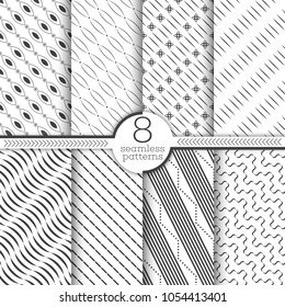 Set of vector seamless patterns. Modern stylish geometric diagonal textures. Infinitely repeating geometrical ornaments with thin line, wave, dotted, curved shapes. Trendy graphic design