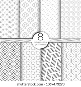 Conjunto de padrões de vetor sem emenda. Texturas geométricas modernas e elegantes com linhas finas. Ornamentos geométricos repetidos infinitamente com formas lineares, ziguezague, losango, polígonos. Design gráfico moderno