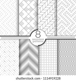 Set of vector seamless patterns. Modern stylish geometric textures with thin lines. Infinitely repeating geometrical ornaments with linear shapes, zigzags, rhombus, diamond, wave, rectangle.