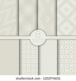 Set of vector seamless patterns. Modern stylish geometric textures. Infinitely repeating geometrical ornaments with zigzags, linear grids, rhombuses, diamonds, corner lines.