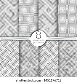 Set of vector seamless patterns. Modern elegant textures. Regularly repeating geometrical linear halftone ornaments with thin lines, rhombuses, diamonds, zigzags, hexagons, corners.
