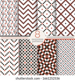 Set of vector seamless patterns. Modern stylish textures. Regularly repeating geometrical ornaments with small rhombuses, triangles, corners, diamonds, zigzags, waves.