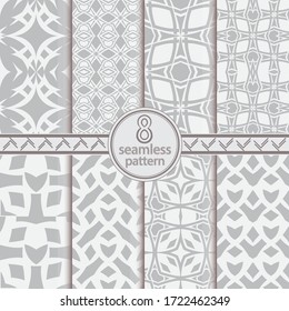 Set of vector seamless patterns. Modern geometrical textures with crossed stars, rhombuses, diamonds, squares, circles, hexagons.  An abstract background design of the card, a cover, a flyer. 