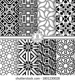 A set of vector seamless patterns. Modern geometric textures. Endlessly repeated geometric ornaments with various geometric shapes: crosses, triangles, rhombs, diamonds. Monochrome.