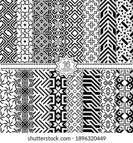 A set of vector seamless patterns. Modern geometric textures. Endlessly repeated geometric ornaments with various geometric shapes: crosses, triangles, rhombs, diamonds. Monochrome.