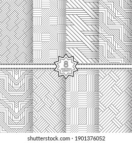 A set of vector seamless patterns. Modern geometric textures. Endlessly repeated geometric ornaments with various geometric shapes: crosses, triangles, rhombs, diamonds. Monochrome.