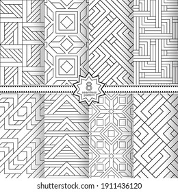 A set of vector seamless patterns. Modern geometric patterns. Endlessly repeated geometric ornaments with various geometric shapes: crosses, triangles, rhombs, diamonds. Monochrome.