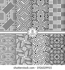 A set of vector seamless patterns. Modern geometric textures. Endlessly repeated geometric ornaments with various geometric shapes: crosses, triangles, rhombs, diamonds. Monochrome.